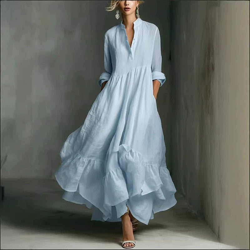 Cardydony Women's Flowy Solid Color Buttons Linen Blend Maxi Bud Dress