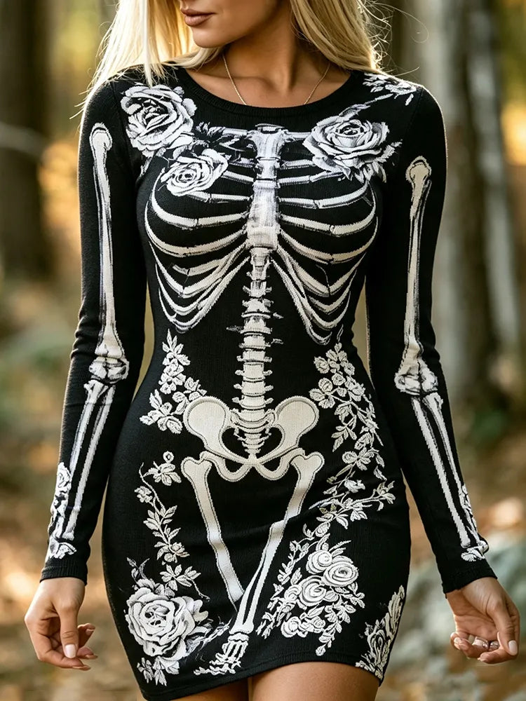Cardydony Women's Gothic Skeleton With Halloween Anatomy Art Print Bodycon Mini Dress