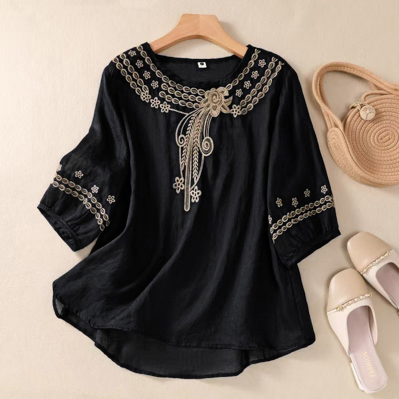 Cardydony Women's Casual Floral Embroidered Linen Blend Blouse