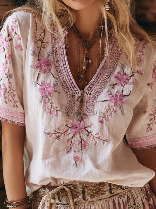 Cardydony Women's Retro Cherry Blossoms Embroidered Linen T-shirt