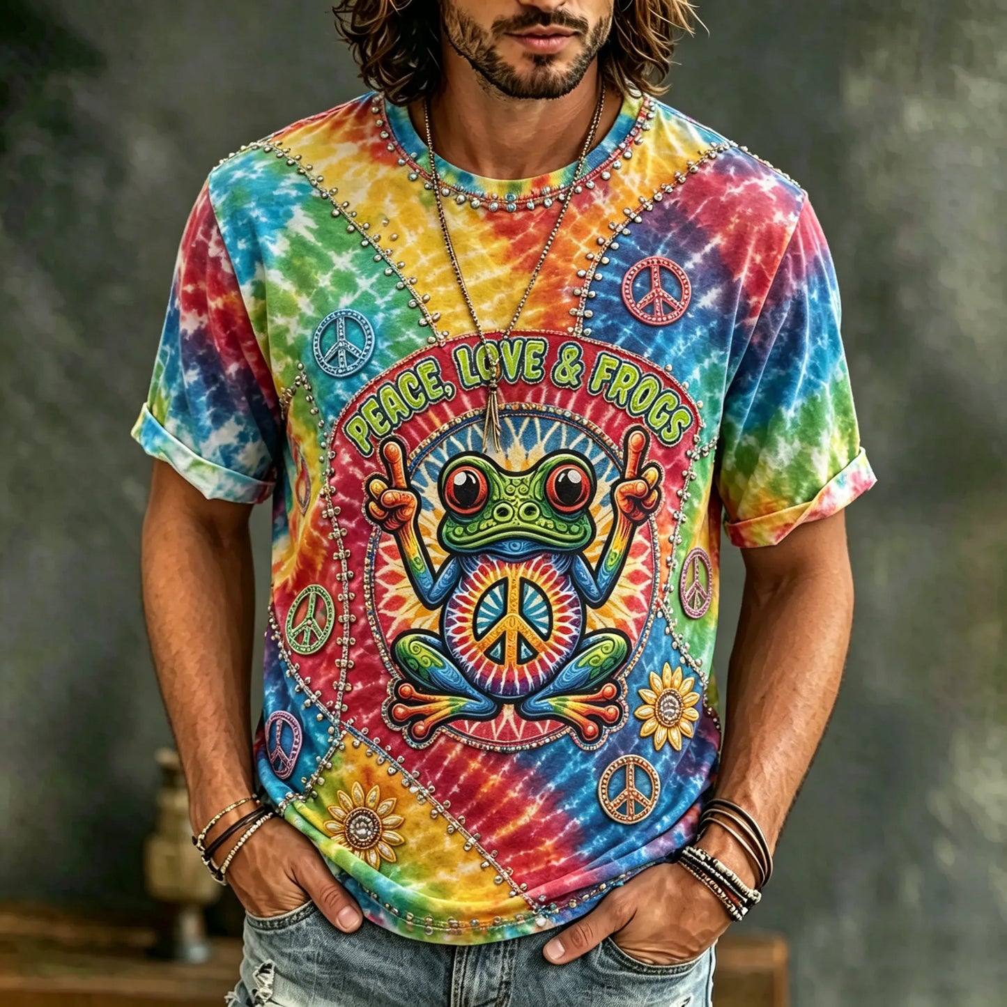 Cardydony Men's Vintage Hippie Floral And Frog In Patchwork Pattern Art Embroidered T-shirt