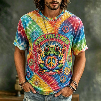Cardydony Men's Vintage Hippie Floral And Frog In Patchwork Pattern Art Embroidered T-shirt