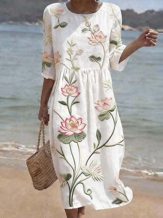 Cardydony Vintage Lotus Art Pattern Linen Blend Loose Three-quarter Sleeve Dress