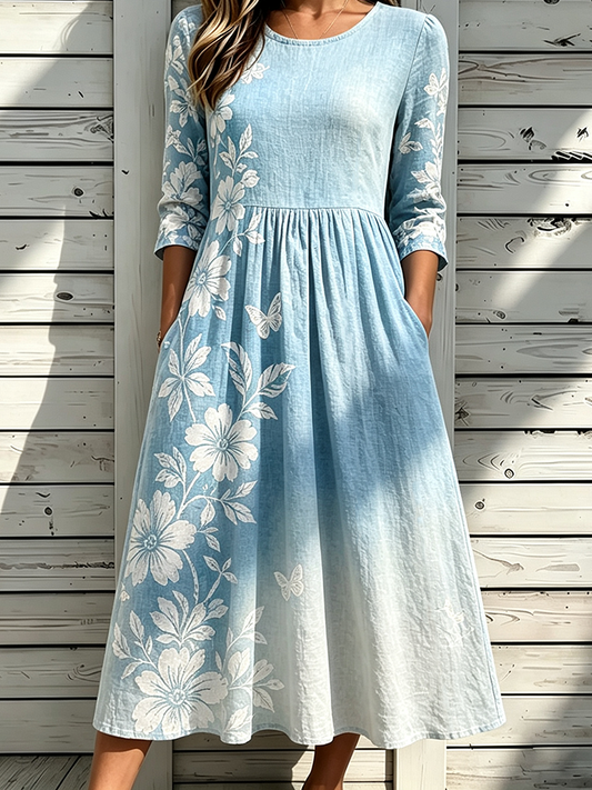 Cardydony Women's Long Sleeve Dress Featuring Botanical Floral Vine And Butterfly Print