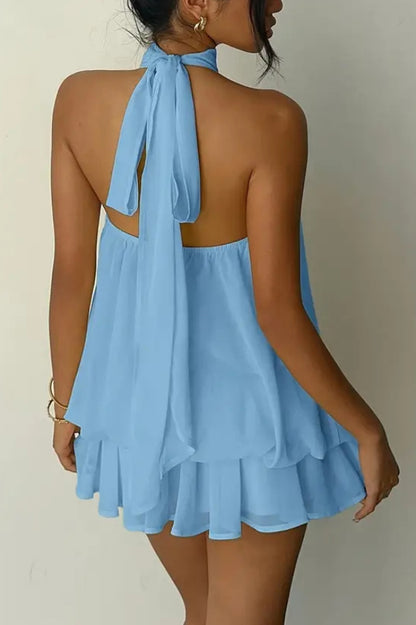 Cardydony Women's  Fashionable Chiffon Halter Neck Backless Lace-up Casual Vacation Mini Dress