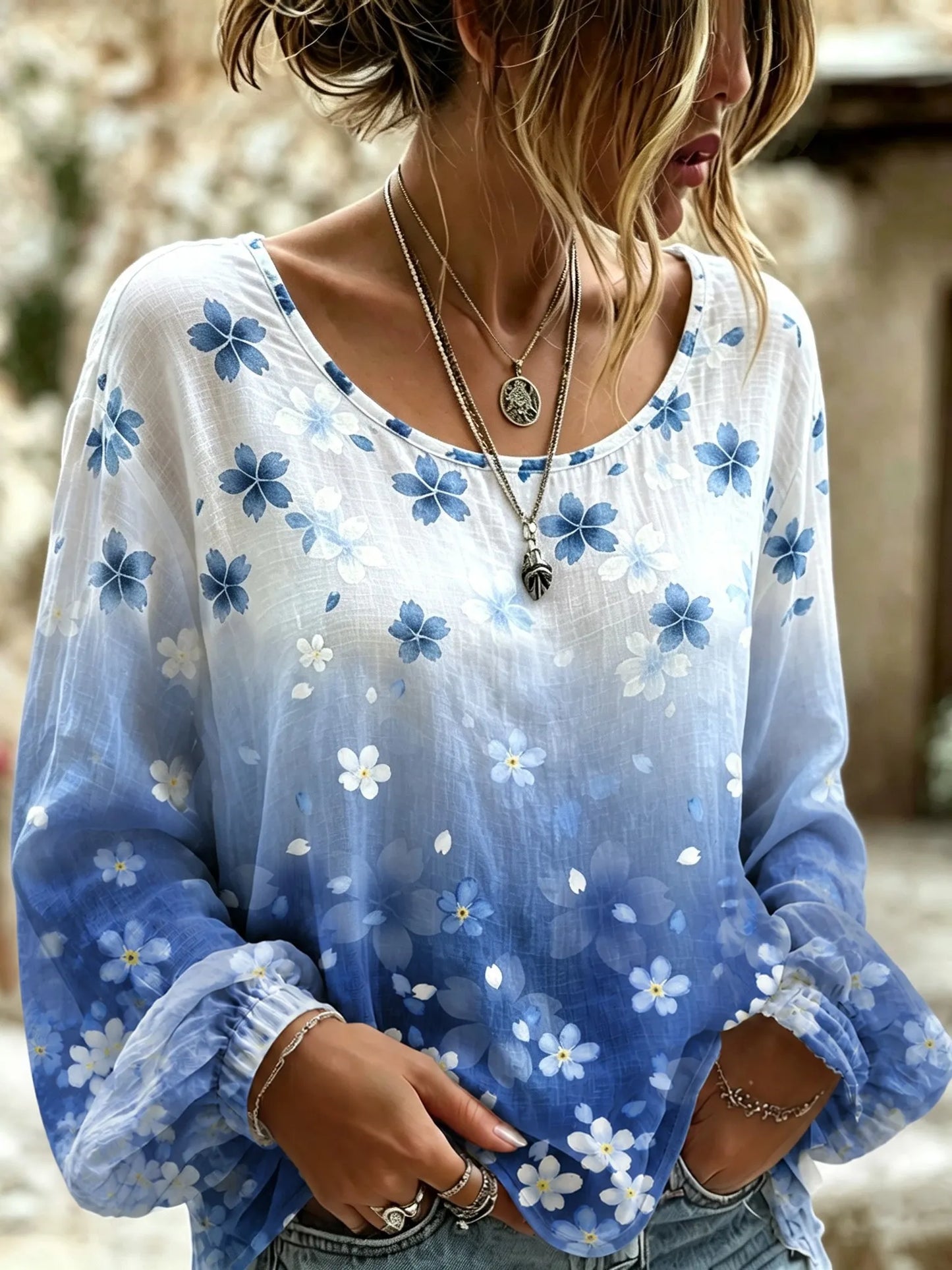 Cardydony Women's Retro Bohemian Japanese Art Cherry Blossom Print Cotton Linen Top