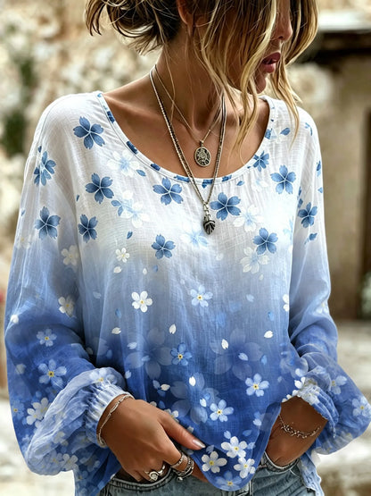 Cardydony Women's Retro Bohemian Japanese Art Cherry Blossom Print Cotton Linen Top
