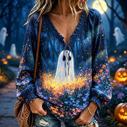 Cardydony Women's Boho V-neck Blouse - Glowing Ghost, Magical Night Forest And Floral Print Long Sleeve Top