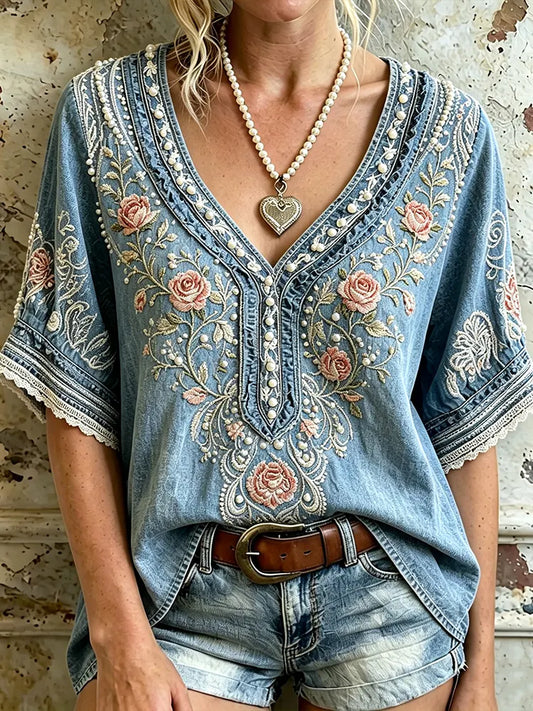 Cardydony Vintage Washed Denim Rose 3d Embroidery V Neck Blouse, Boho Pearl Beaded Lace Trim Short Sleeve Casual Top