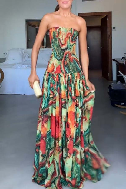 Cardydony Women's Vacay Vibes Colorful Lava Print Off Shoulder Smocked Scarf Maxi Dress