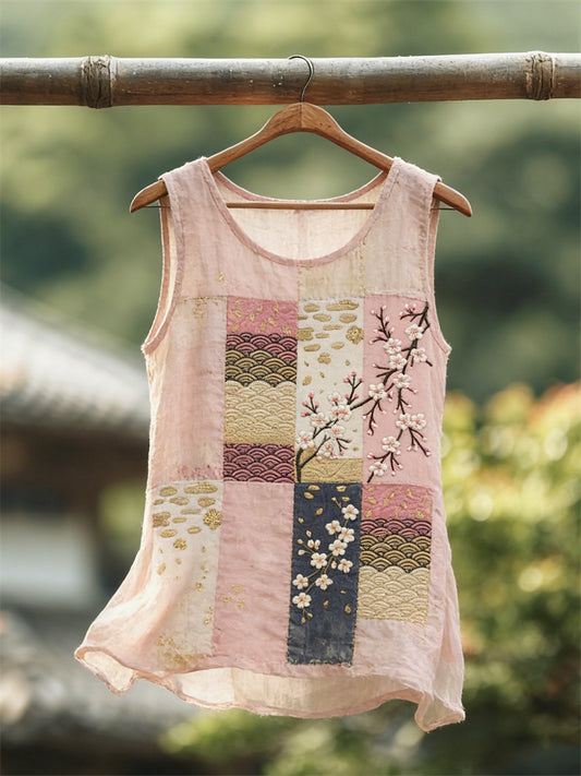 Cardydony Cherry Blossom Japanese Patchwork Art Linen Tank Top