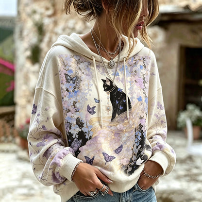 Cardydony Women's Mysterious Black Cat Purple Floral Butterfly Print Bohemian Style Loose Casual Pullover Sweatshirt