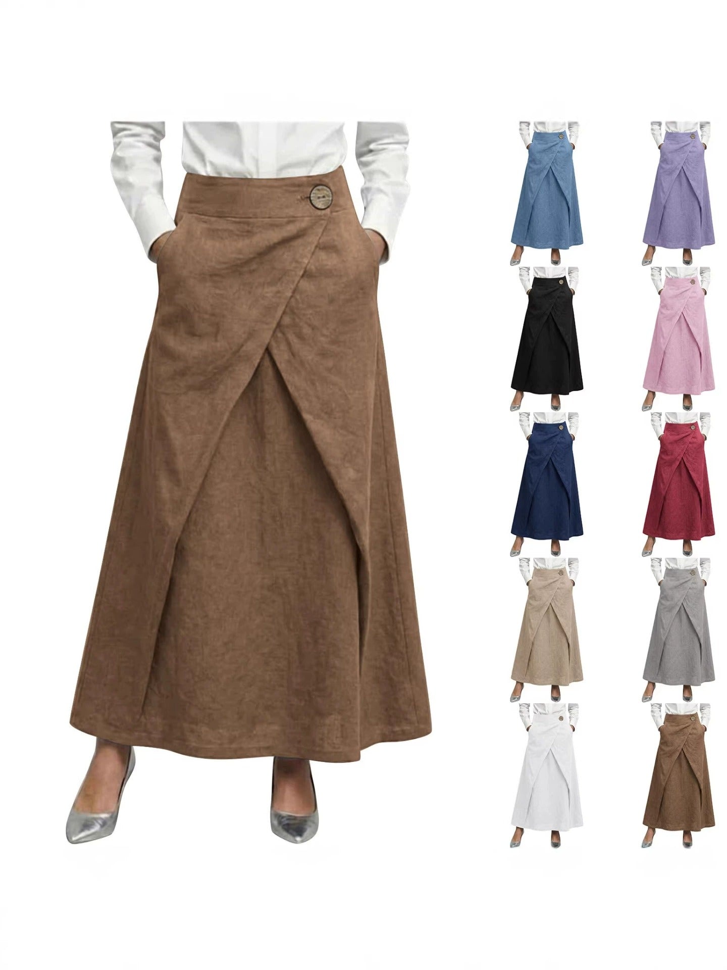 Cardydony Women's Casual Retro Slanted Button Cotton And Linen Skirt
