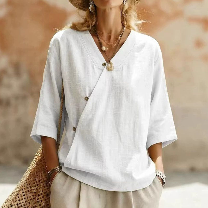Cardydony Women's Casual Cotton And Linen Retro Diagonal Button Three-quarter Sleeve Top