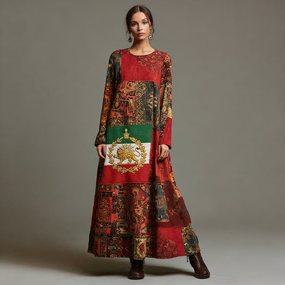 Cardyodny Iran Persian Lion Persian Patchwork Linen Maxi Dress