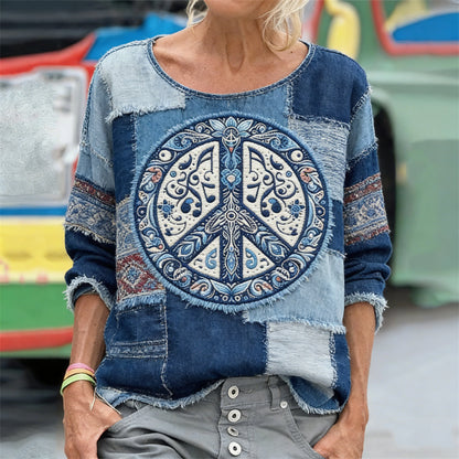 Cardydony Hippie Peace Sign Ethnic Patchwork T Shirt