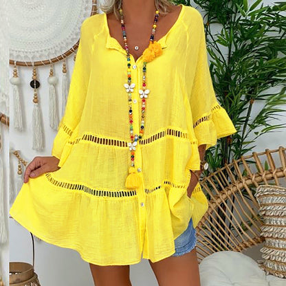 Cardydony Casual Lace-trimmed Three-quarter Sleeve Cotton And Shirt Dress