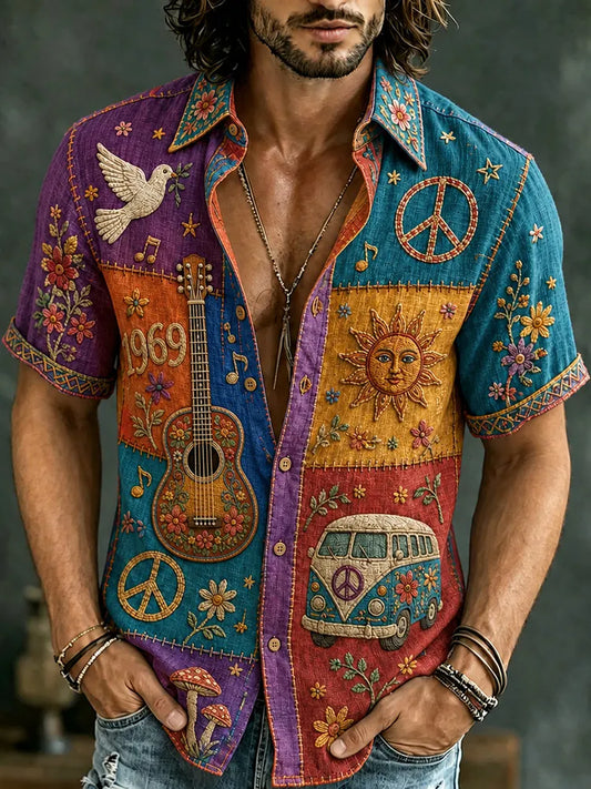 Cardydony Men's Retro Hippie Peace Sign And Guitar Patchwork Print Short-sleeve Shirt