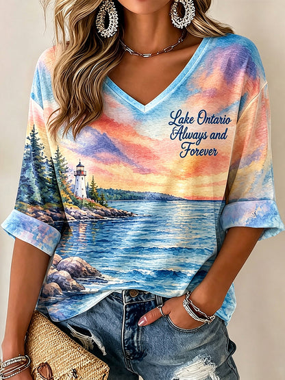 Cardydony Women's Lake Ontario Always And Forever Printed Mid-length Sleeves V-neck T-shirt