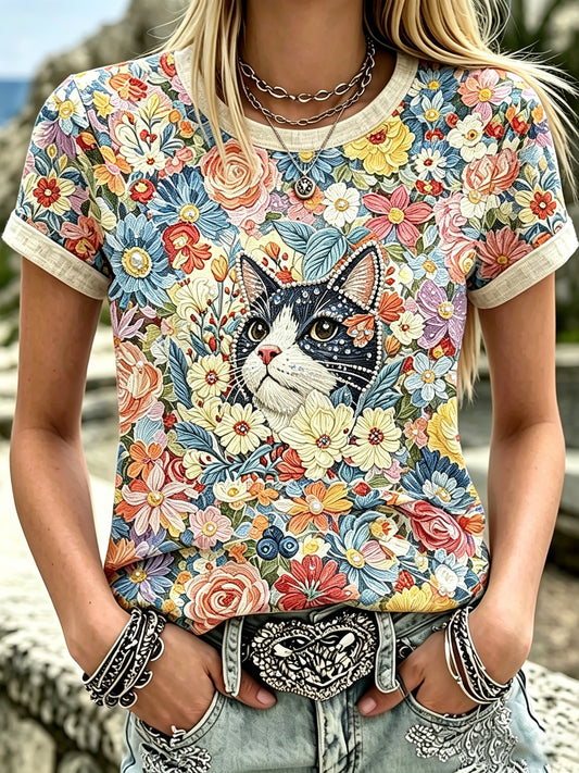 Cardydony Women's Casual Black Cat Among Flowers Oil Painting Texture Print T-shirt