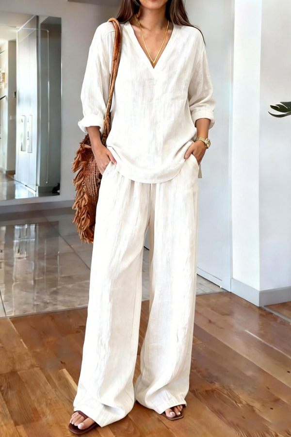 Cardydony Women's Linen Blend V-neck Long-sleeved Loose Top and Elastic Waist Casual Pocket Pants Set