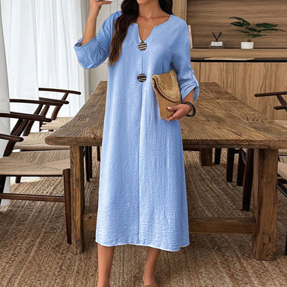 Cardydony Women's Elegant V-neck Linen-cotton Maxi Dress