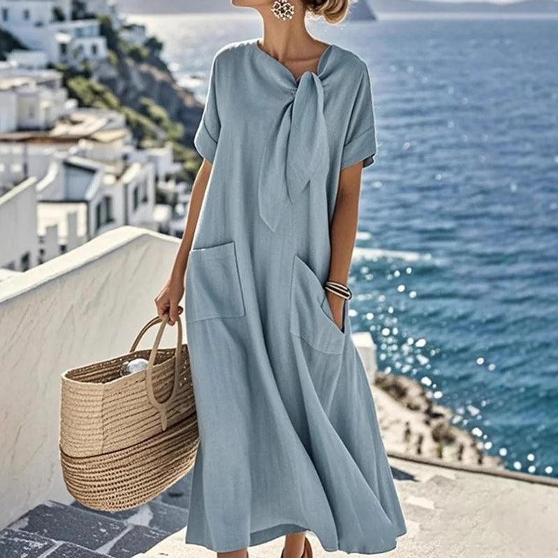 Cardydony Women's Elegant Bow-knot Pocket Cotton And Linen Midi Dress