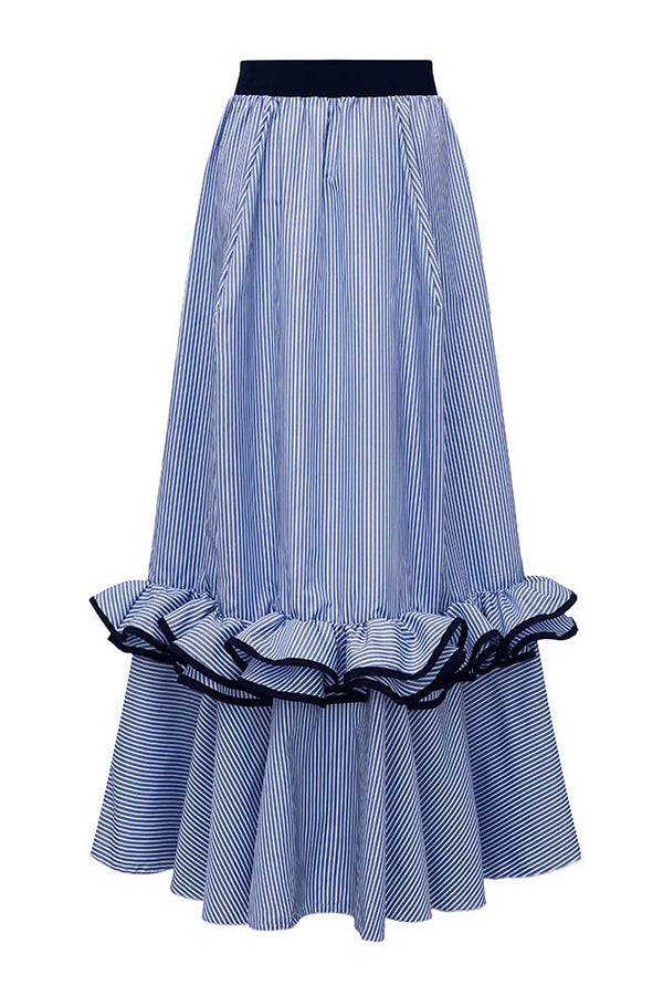 Cardydony Women's Striped Print Elegant Ruffle Trim Vacation Maxi Skirt
