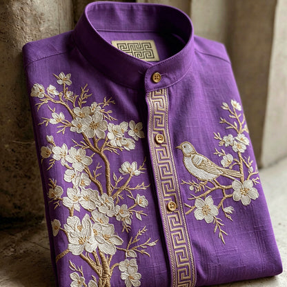 Cardydony Retro Cherry Blossom And Bird Pattern Short-sleeve Shirt