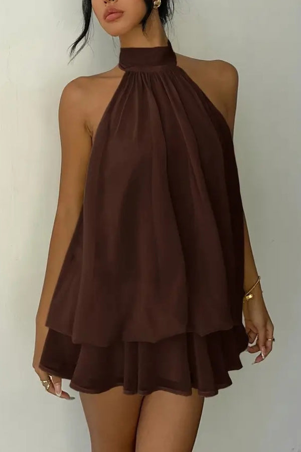 Cardydony Women's  Fashionable Chiffon Halter Neck Backless Lace-up Casual Vacation Mini Dress