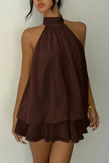 Cardydony Women's  Fashionable Chiffon Halter Neck Backless Lace-up Casual Vacation Mini Dress