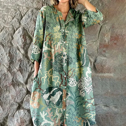 Cardydony Women's Elegant Vintage Underwater World Pattern Print Shirt Style Cotton And Linen Dress