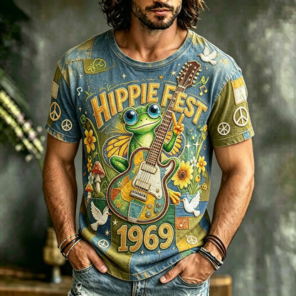 Cardydony Men's Retro Hippie Peace Symbol Frog Guitar Patchwork Print T-shirt