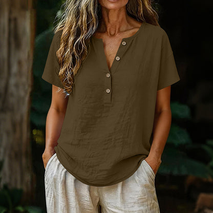 Cardydony Solid Color Linen Short-sleeved Half-front Button-up Shirt