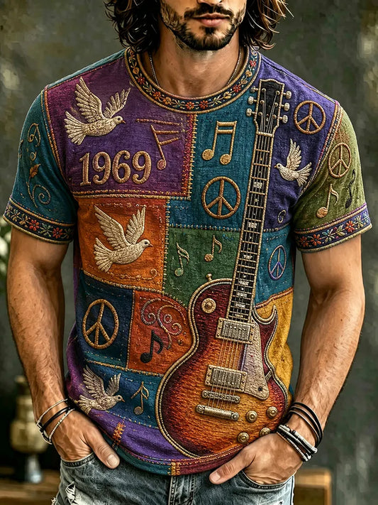 Cardydony Men's Hippie Music Guitar Pattern Patchwork Print T-shirt