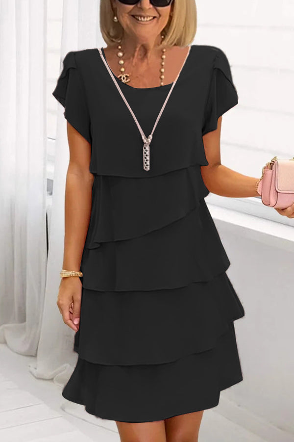 Cardydony Women's Solid Color Round Neck Short Sleeve Casual Multi-Layered Mini Dress