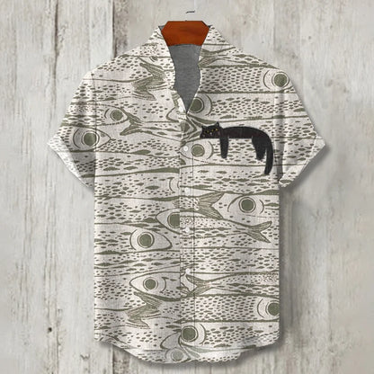 Cardydony Men's Schools Of Fish With Lazy Black Cat Japanese Art Print Button Casaul Shirt