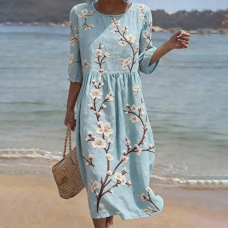 Cardydony Vintage Floral Cherry Blossoms Art Pattern Linen Blend Loose Three-quarter Sleeve Dress