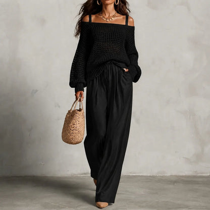 Cardydony Elegance Two-piece Set: Openwork Knit Top And Wide-leg Pants