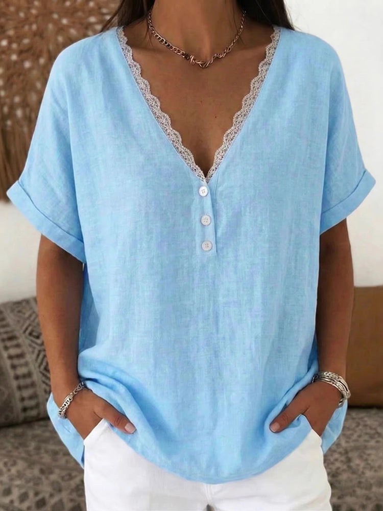 Cardydony Women's Solid Color Lace V-neck Short Sleeve Linen Blend T-shirt
