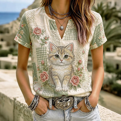 Cardydony Women's Cat Perm Hot Diamond Flowers Patchwork Print Casual T-shirt
