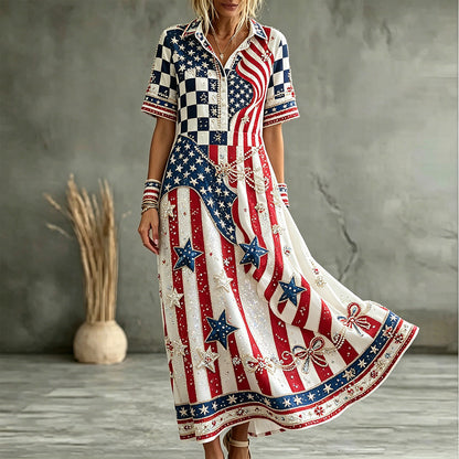Cardydony "vintage American Flag Checkerboard Patriotic Star Stripes Rhinestone Flowy Midi Dress"