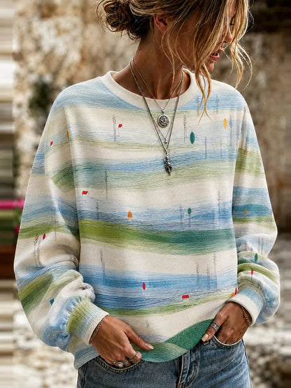 Cardydony Women's Vintage Geometric Line Art Print Comfortable Crewneck Sweatshirt