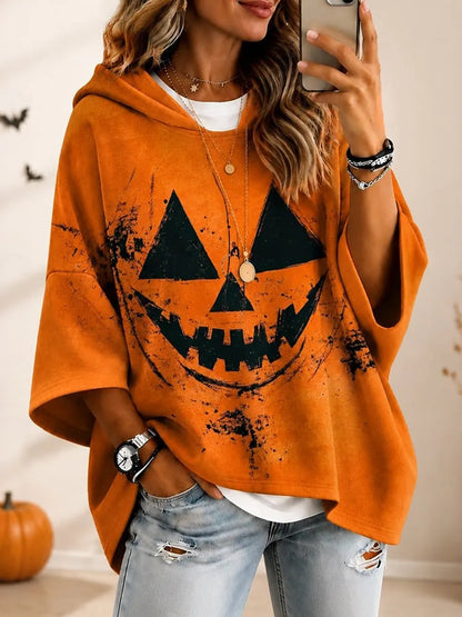 Cardydony Women's Retro Halloween Emoji Print Loose Hooded Top