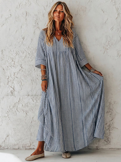 Cardydony Women's Retro Stripes Print Elegant Linen Dress