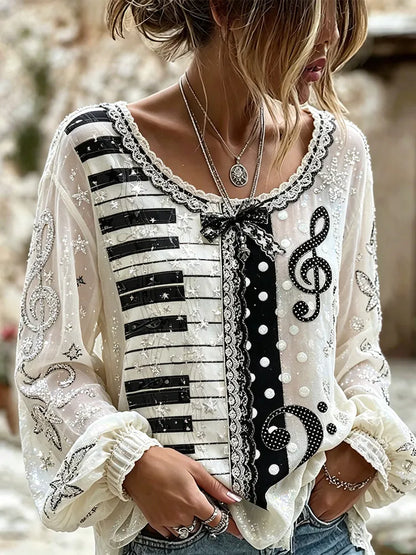 Cardydony Womens Music Note Piano Key Rhinestone Sequin Blouse, Vintage Lace Bow Scoop Neck Puff Long Sleeve Non-sheer Linen Boho Top