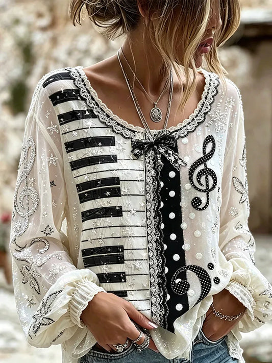 Cardydony Womens Music Note Piano Key Rhinestone Sequin Blouse, Vintage Lace Bow Scoop Neck Puff Long Sleeve Non-sheer Linen Boho Top