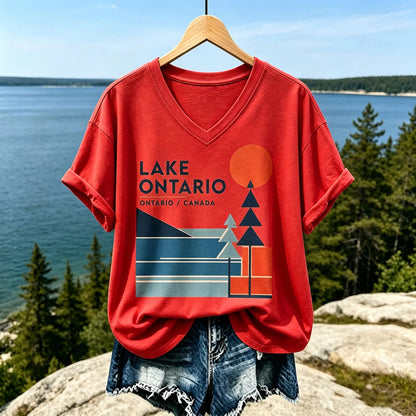 Cardydony Women's Casual V-neck T-shirt In Beige With Lake Ontario Geometric Landscape And Orange Sun Print