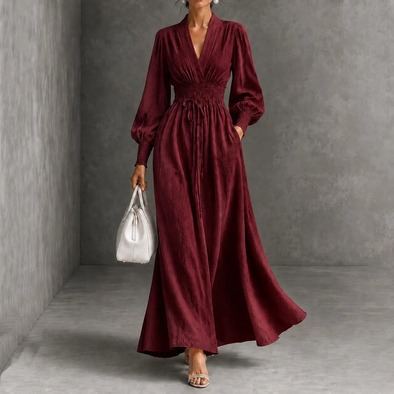 Cardydony Elegance V-neck Belted Waist Long Sleevess Maxi Dress