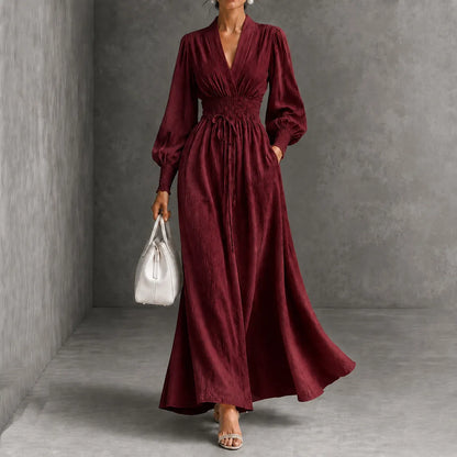 Cardydony Elegance V-neck Belted Waist Long Sleevess Maxi Dress